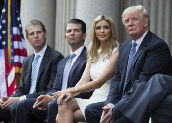 Donald Trump, Eric Trump, Donald Trump Jr., and Ivanka Trump during a ground breaking ceremony for the Trump International Hotel on the site of the Old Post Office, on Wednesday, July 23, 2014, in Washington. (