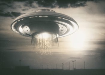 Old UFO picture. Image concept of aliens. Rendering 3D over the real picture.