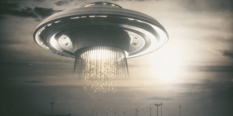 Old UFO picture. Image concept of aliens. Rendering 3D over the real picture.